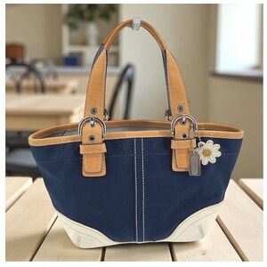 Coach Navy Canvas Leather Trim Daisy Charm Tote Bag Handbag Purse